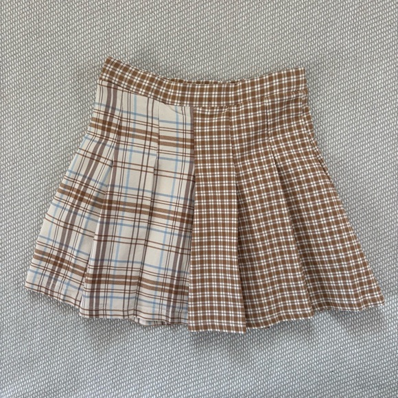 Originality Tan White Blue Plaid Gingham Colorblock Pleated Flare Mini Skirt Xs - Picture 2 of 6
